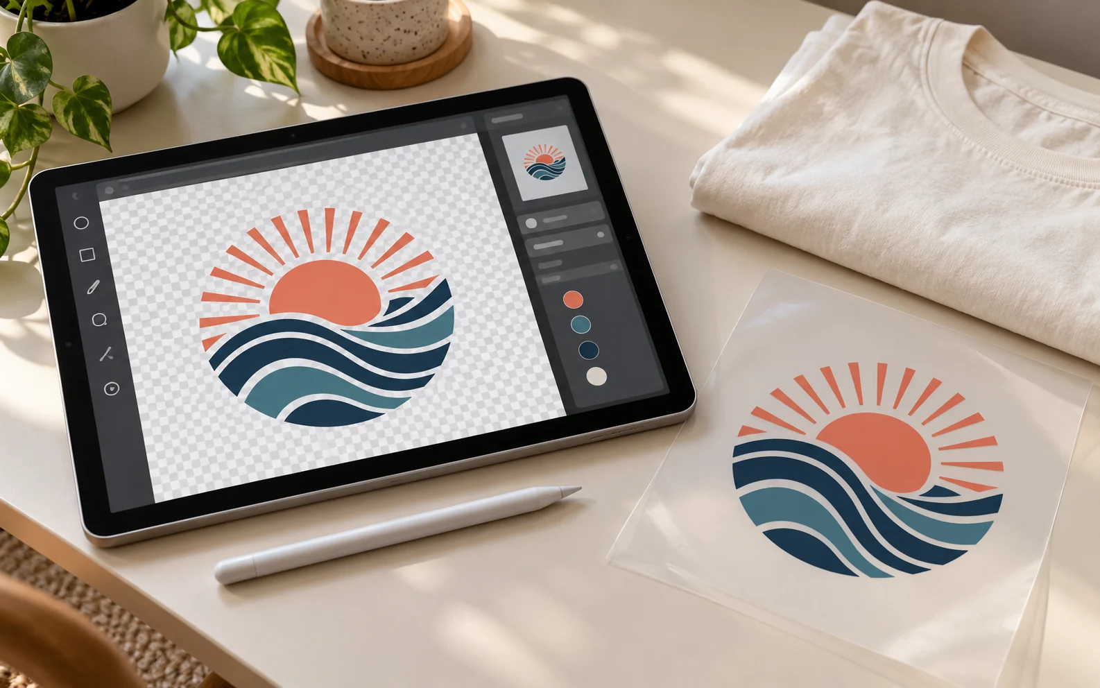Ilustrasi tablet berisi artwork matahari dan ombak pada background transparan di samping film transfer.