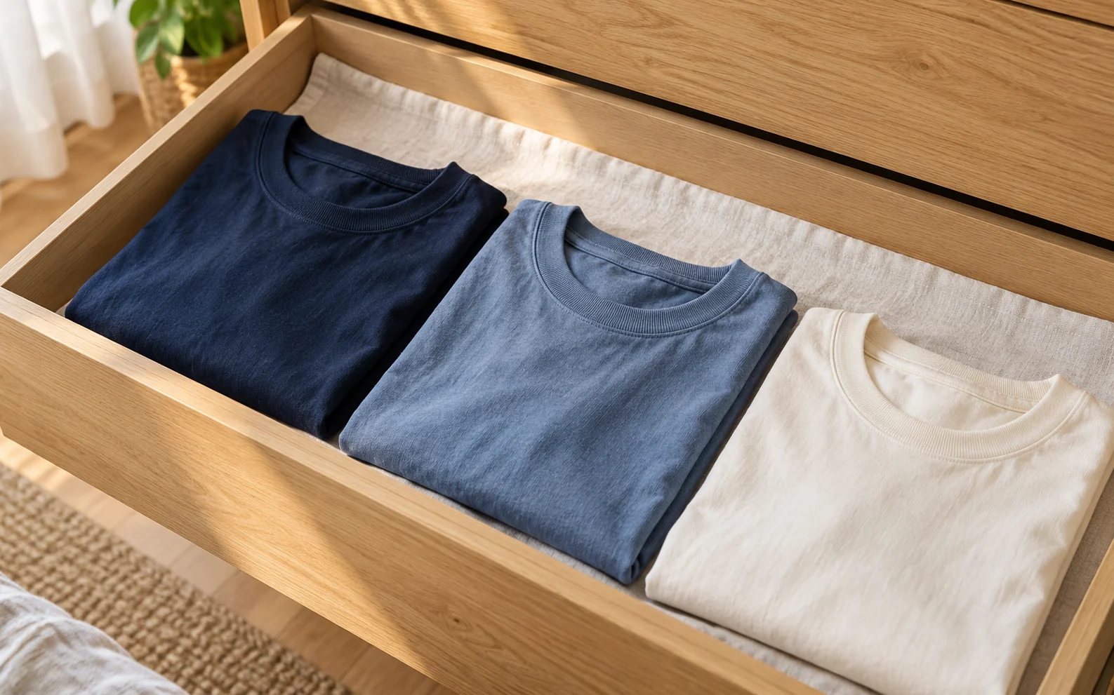 Ilustrasi kaos polos navy, biru muda, dan ivory dilipat rapi di dalam laci kayu.