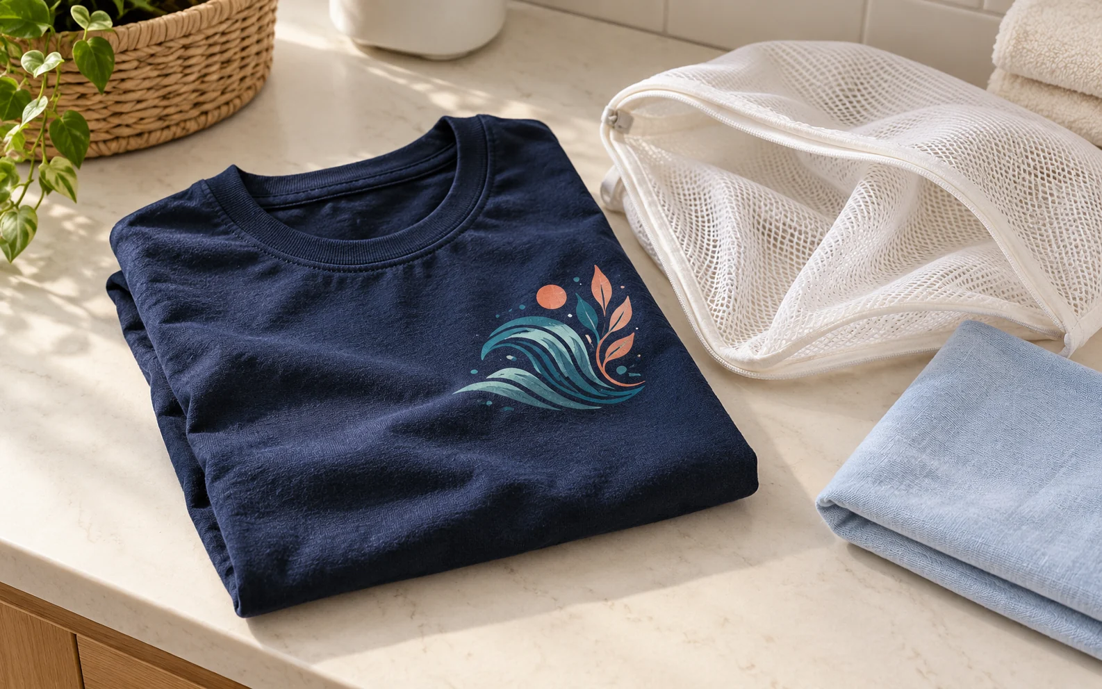 Ilustrasi kaos navy bermotif di samping laundry bag dan kain lembut untuk perawatan pakaian.
