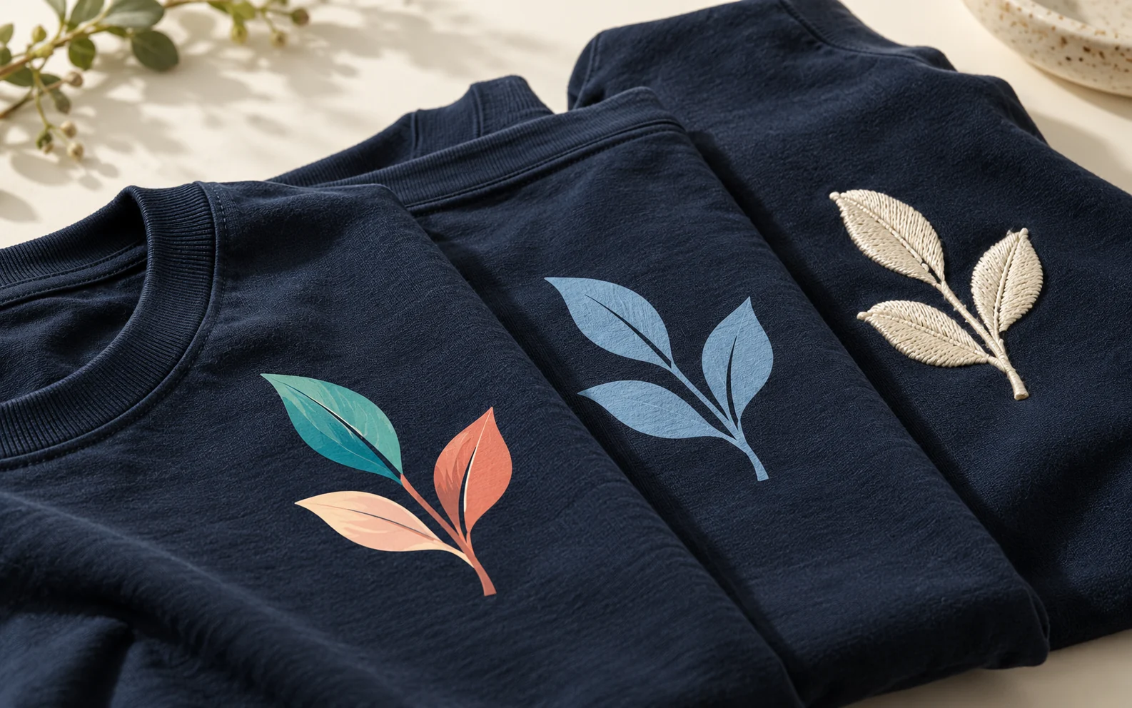 Ilustrasi tiga kaos navy dengan motif daun berwarna, cetak satu warna, dan jahitan bordir.