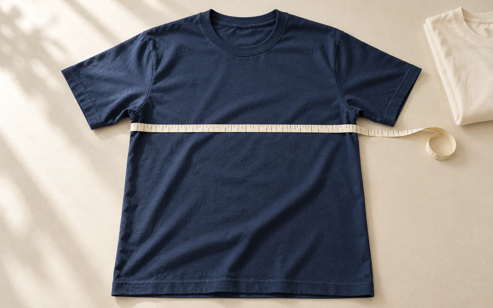 Ilustrasi kaos navy dibentangkan rata dengan meteran melintang pada bagian dada.