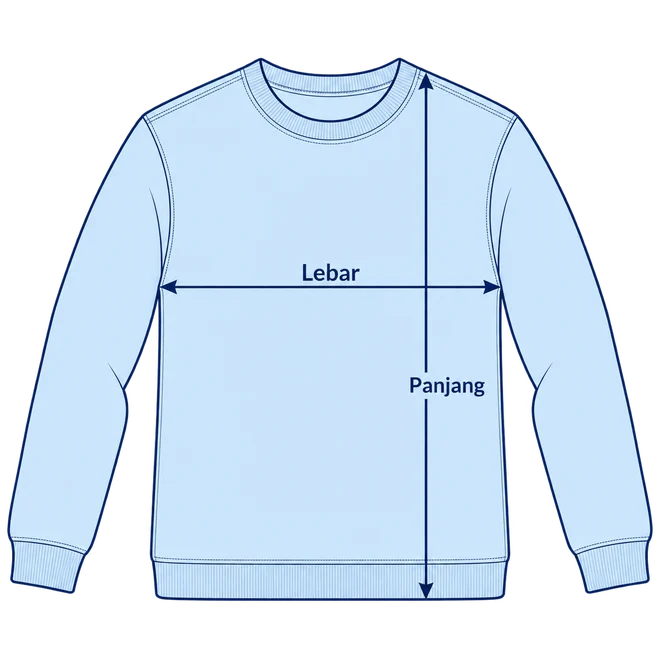 Panduan ukur Crewneck: lebar dada dari sisi ke sisi; panjang dari bahu hingga ujung bawah