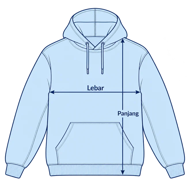 Panduan ukur Heavy Soft Jumper: lebar dada dari sisi ke sisi; panjang dari bahu hingga ujung bawah