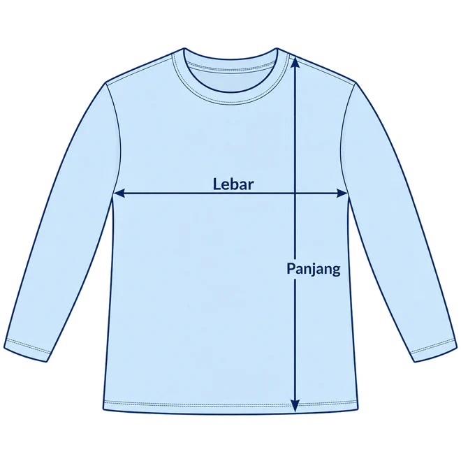Panduan ukur Eco Soft Long Sleeve: lebar dada dari sisi ke sisi; panjang dari bahu hingga ujung bawah