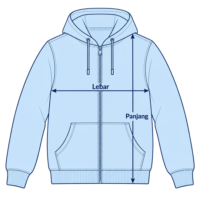 Panduan ukur Heavy Soft Zipper: lebar dada dari sisi ke sisi; panjang dari bahu hingga ujung bawah